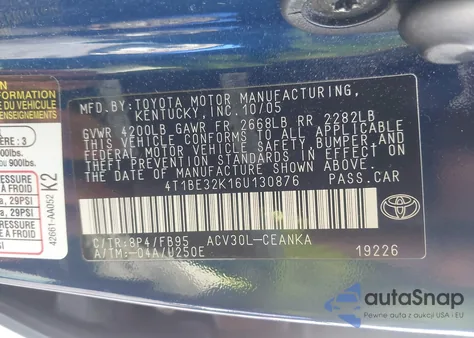 2006 Toyota Camry Le from USA, damaged, VIN 4T1BE32K16U130876